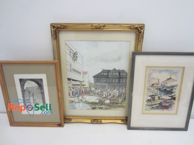 Lot 31-9075 - Three Framed Artworks: Etching, Watercolor Scene, And Colored Print In Various Frames.