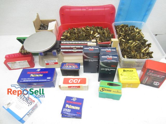 Lot 31-7101 - Ammo Reloading Acces And Supplies: Ohaus Triple Beam, Approx (4700) Assorted Primers, Casings, Tips ...