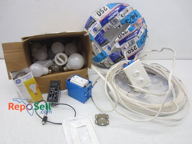 Lot 31-2422 - Electricians Lot: Box of Various Light Bulbs, Wires, Outlets, etc.
