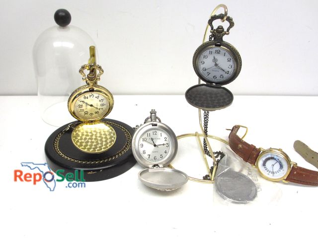 Lot 31-5013 - (3) Train Pocket Watches, (1) Wrist Watch, Train Collectors Coin, (2) Stands