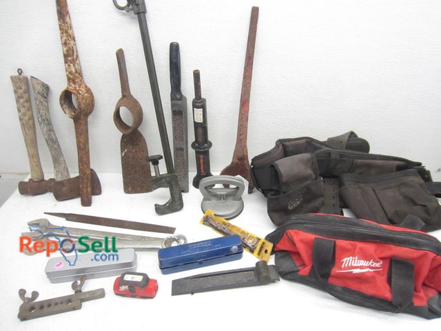 Lot 31-7108 - Lot Of Hand Tools, Some Vintage: Tool Belt, Pick Axe Head, Impact Drivers, Ramset etc