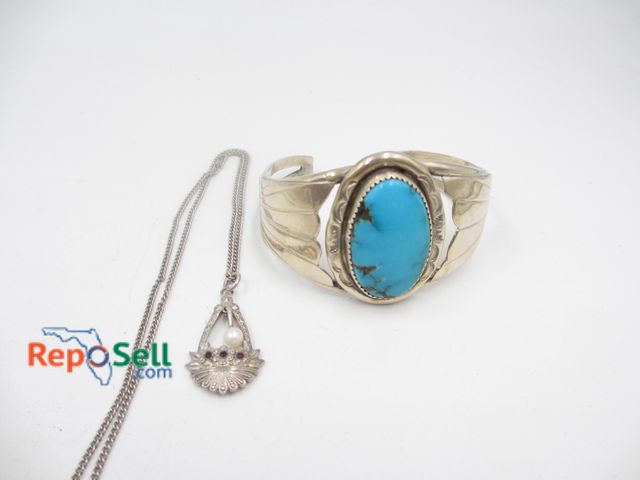 Lot 31-9254 - .925 Silver Turquoise Cuff Bracelet Stamped "HT" (28.7gt) and Necklace (6.37gt)
