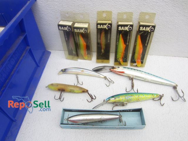 Lot 31-6494 - Container of Fishing Lures - Mostly Vintage w/Tacklebox:  Rapala, Saiko, Headdon, etc.