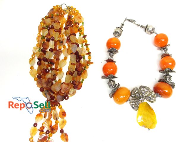 Lot 31-1545 - Gemstone Leaf Necklace and Bead/Metal Necklace with Large Citrine Gemstone