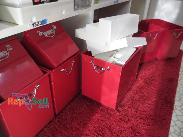 Lot 31-1340 - Pantry Storage: (8) White Plastic Spice Racks, (9) Metal Rolling Storage Containers w/Handles - Most...