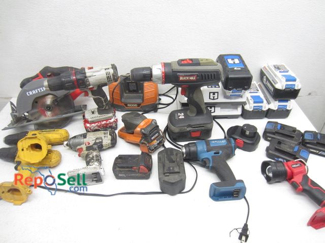 Lot 31-7105 - 30 Gallon Tote With (9) Power Tools And Chargers: Craftsman, Ridgid, Hart etc - Ridgid Charger, Craf...