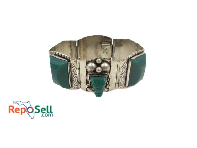 Lot 31-7021 - Green Stone 7" Bracelet Marked Taxco .925 Silver - 61.9g total