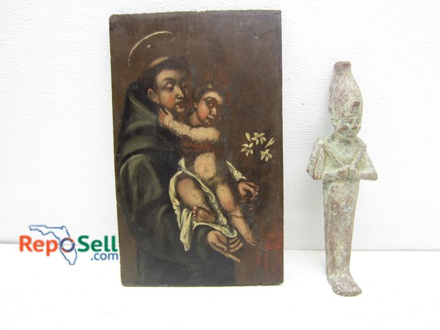 Lot 31-6441 - Antique Egyptian Osiris Statue 10 7/8" And Vintage Religious Art Painted On Wood