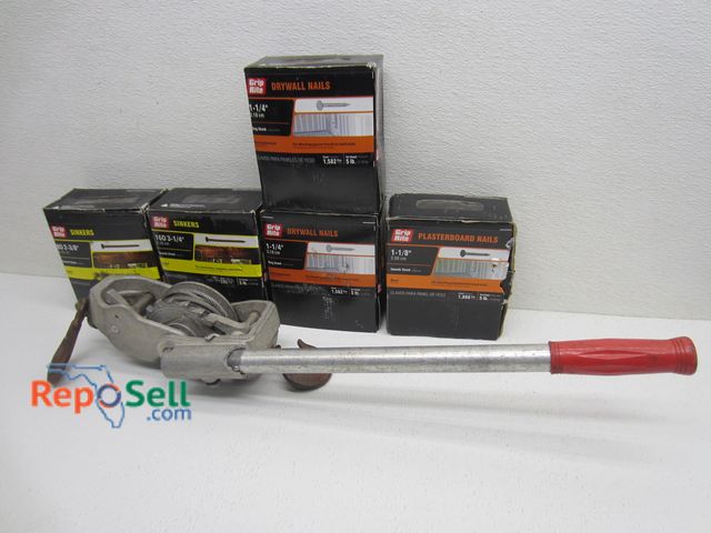 Lot 31-1132 - (5) New Boxes of Nails, various sizes, and come-along winch