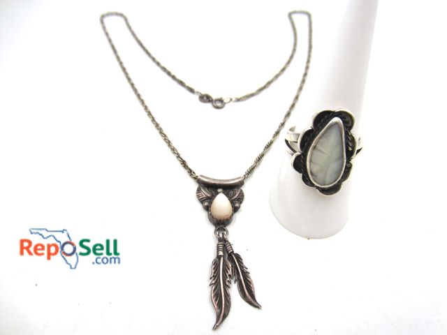 Lot 31-6195 - Sterling Silver Native Opal &amp; Moonstone Feather Necklace, 19" Chain &amp; Ring, Size 8