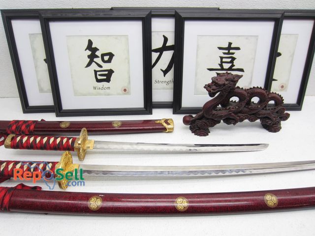 Lot 31-7471 - (2) Kitana Swords w/Sheaths, Dragon Decor, (5) 12x12" Framed Wall Art (Happiness, Love, etc.)