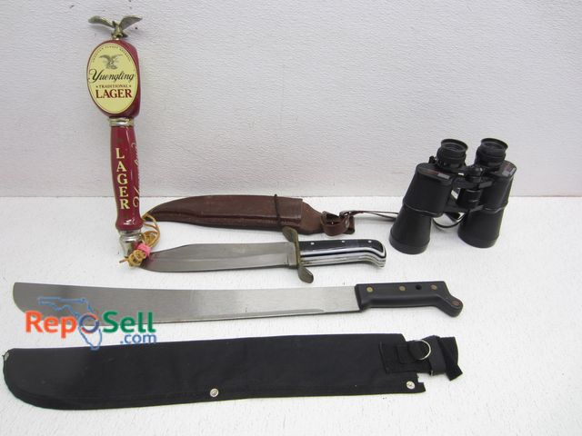 Lot 31-5396 - Bowie Knife, Machete, Tasco Binoculars, Beer Tap
