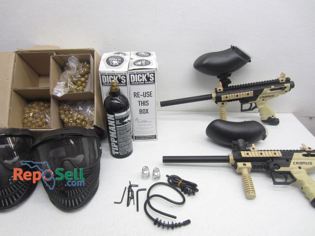 Lot 31-3297 - Paintball Lot: (2) JT Facemasks, (2) Tippman Cronus Guns, Approx. (1500) 68Caliber Graffiti Paintbal...