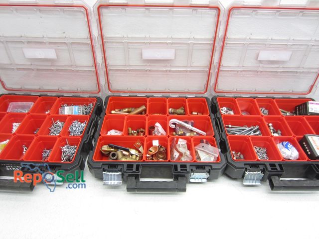 Lot 31-6059 - (3) Hardware Bins with Screws, Bolts, Washers, Plumbing Supply, etc.