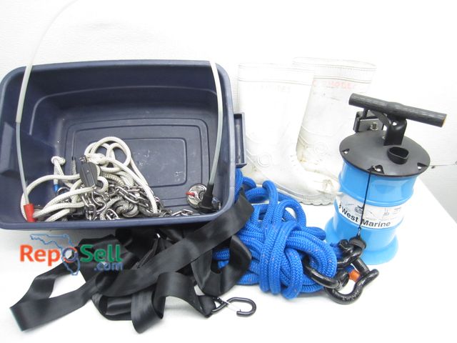 Lot 31-9384 - Assorted Marine Supplies: Pump, Rope/Shackles, Boots, etc. - Tote not incl