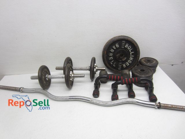 Lot 31-7140 - Exercise Weights: Curling Bar, Various Size Weights (2-5lbs, 8-3lbs...), etc.