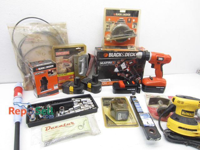 Lot 31-2096 - Tool Lot: Black &amp; Decker Tools, (2) Ryobi Batteries, Sockets, DeWalt Sander (Powers On), Drain S...