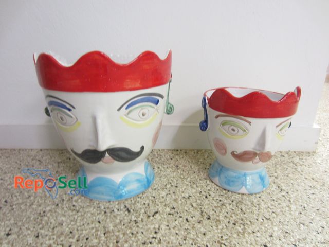 Lot 31-1417 - (2) Painted Faces Ceramic Pots Made In Italy