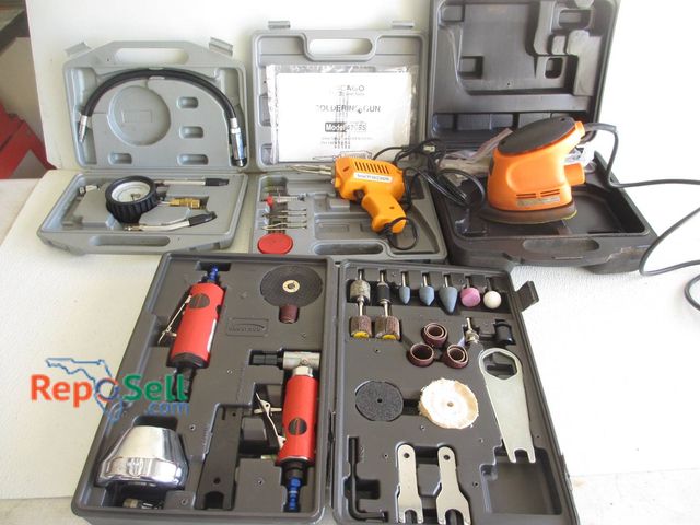 Lot 31-8590 - Tool Lot With Chicago Soldering Gun, Palm Sander, Pneumatic Tools, And Accessories
