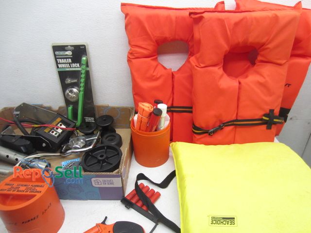 Lot 31-6120 - Boating Acces: Flare Gun And Hand Held Flares (Both Expired), (3) Life Jackets And Float, Reese Brak...