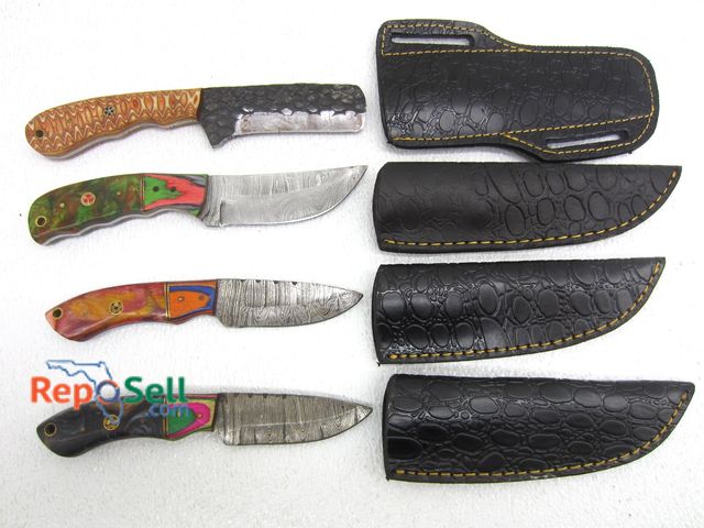 Lot 31-1051 - (4) Knives w/Sheath - Some Damascus Style, All New