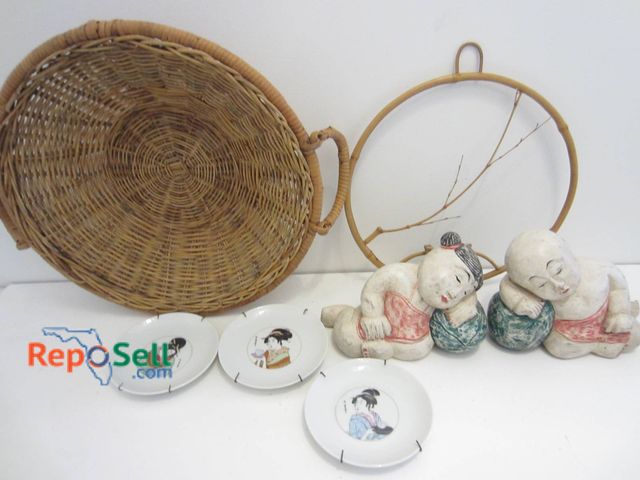 Lot 31-9080 - Japanese Ceramic Plates, Basket, And Figurines:Â Includes Four Ceramic Plates Marked Japan, A Woven ...