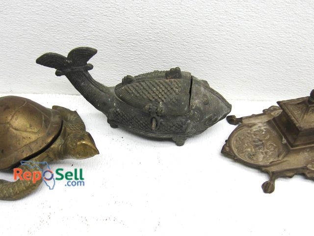Lot 31-5175 - (3) Bronze / Brass Pieces: Asian Fish, Candle Stand &amp; Sea Turtle