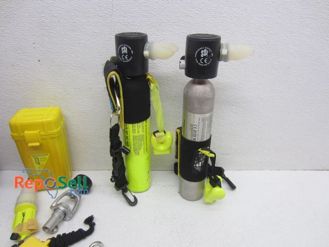 Lot 31-1304 - Scuba Diving Accessories/Parts: (2)Aluminum Mini Spare Air Scuba Tanks, Airtight Box, Clips, etc.