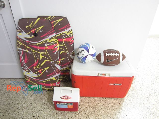 Lot 31-1415 - (2) Coolers, (2) Boogie Boards, Volleyball And Football