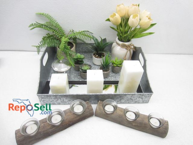 Lot 31-6524 - Metal Tray With Decor: Faux Plants, Candles, etc