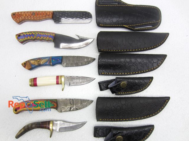Lot 31-1059 - (6) New Knives w/Sheath - Some Damascus Style