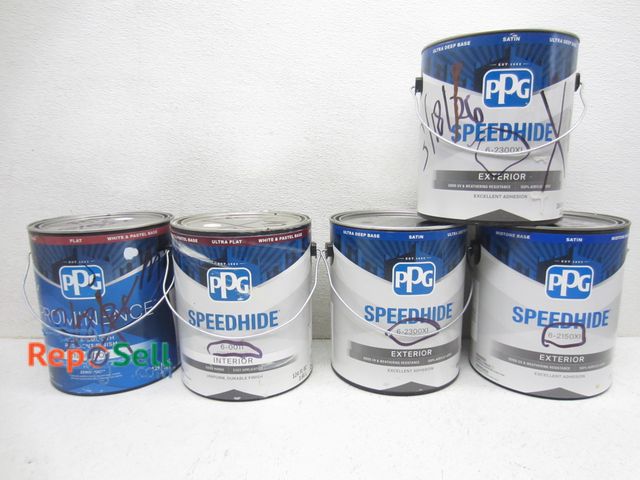 Lot 31-9319 - PPG Speedhide exterior satin, 3 gallons, and interior flat base, 2 gallons.
