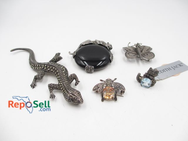 Lot 31-9503 - (5).925 Silver Animal Brooch Pins: Tourmaline Bug, Topaz Cat, etc. - 75g total