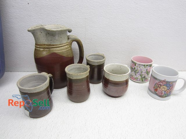 Lot 31-6371 - Handmade Pitcher with (4) Matching Mugs/Cups with Tote