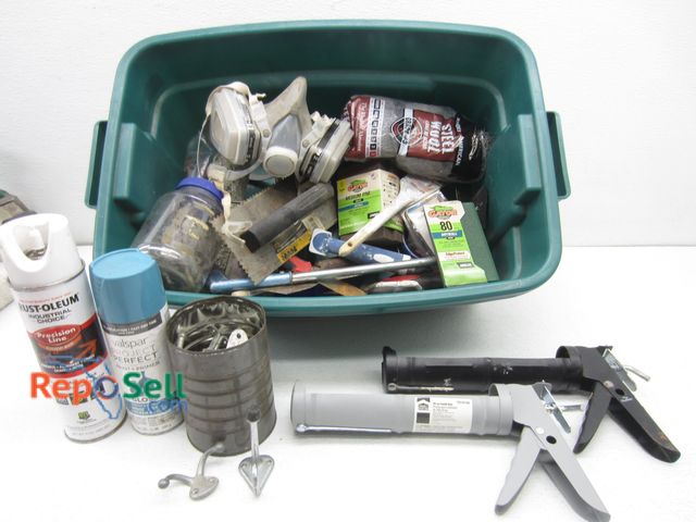 Lot 31-3341 - Paint Supplies: Rust-Oleum, Valspar Paint And Primer, Sanding Sponges, Caulk Guns etc