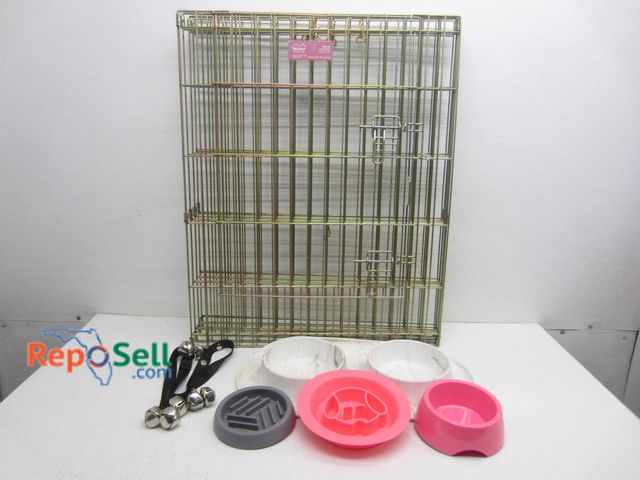 Lot 31-8347 - Pet Lot: Gold Colored Metal Pet Pin 30"H, Various Pet Bowls, Hanging Door Bells for Training