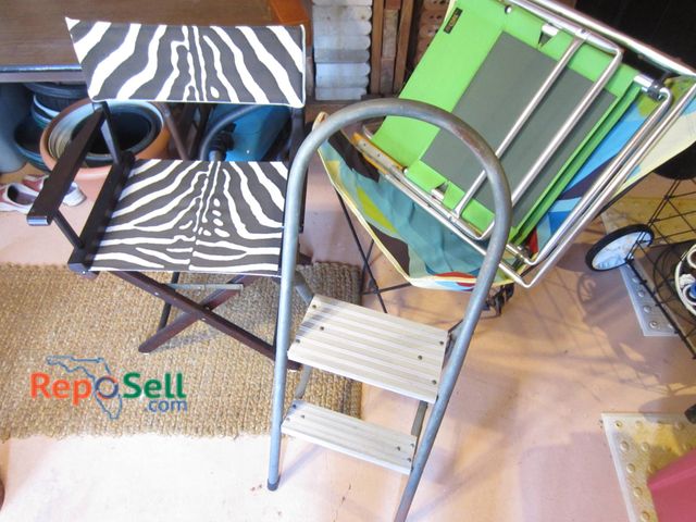 Lot 31-9216 - Grouping includes a wooden director's chair with zebra-print fabric on the backrest and seat, a set ...