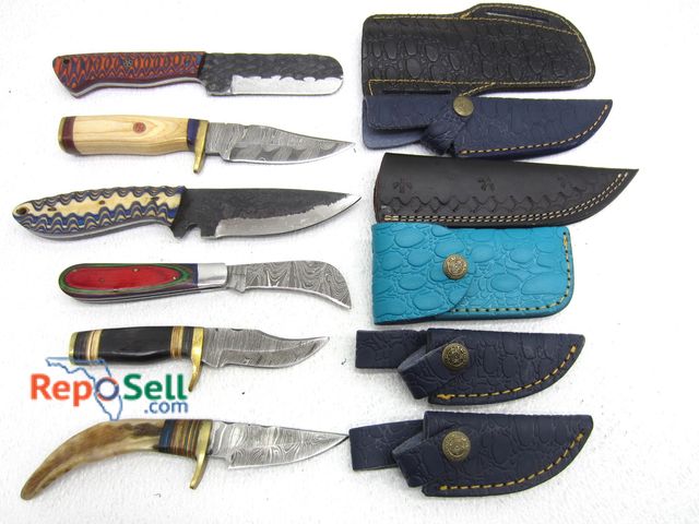 Lot 31-1052 - (6) Knives w/Sheath - 1 Pocket Knife, Some Damascus Style - All New