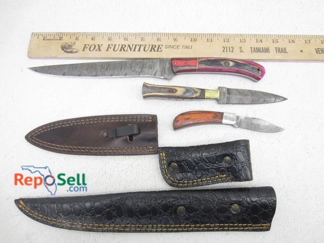 Lot 31-6231 - (3) Damascus Style Knives, (3) Sheaths