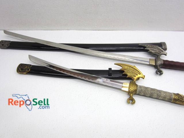 Lot 31-9042 - (2) Swords With Sheaths: Stainless Steel, Dragon Handles