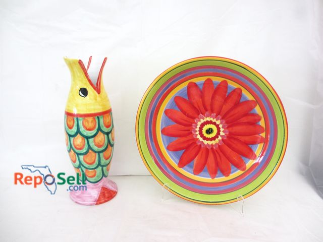 Lot 31-1083 - (2) Decorative Pieces: Clay Serving Dish (17"W) &amp; Ceramic Fish Vase (16"H)