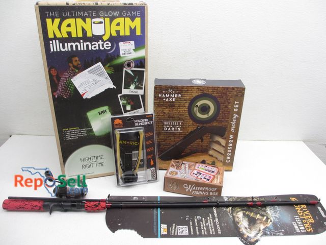 Lot 31-8050 - Kids Outdoor Lot: Fishing Pole, Tackle Box, Kan-Jam, Sling Shot, etc.