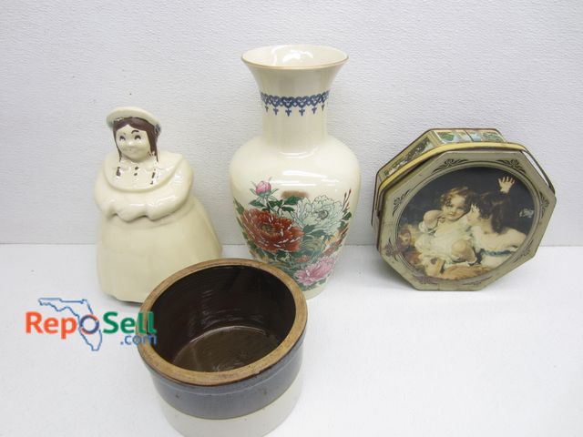 Lot 31-3205 - Vintage Collectible Lot: Japan Senki Vase, Shawnee Pottery, Biscuit Tin, etc.