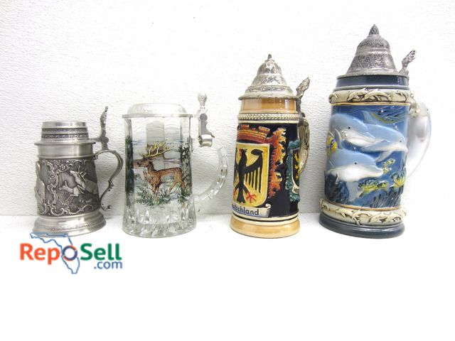Lot 31-9314 - (4) Lidded Beer Steins: Deutschland, Stags, Dolphin Collector; BMF, King, (1) Made In W. Germany, Et...