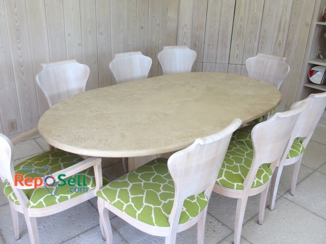 Lot 31-1015 - Travertine Oval Dining Table 81x45" &amp; (8) Dining Chairs - Bring Labor Heavy