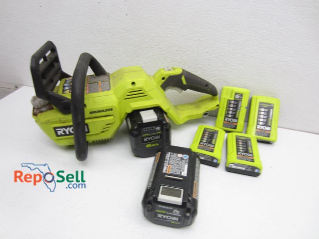 Lot 31-8585 - Cordless Chainsaw, (2) 40v Batteries, (4) Chargers - Missing Bar - Powers On