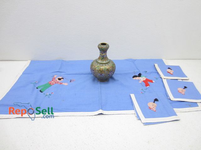 Lot 31-6434 - Vintage Cloisonné Vase and Oriental Table Cloth/Napkins