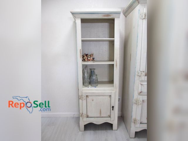 Lot 31-8534 - (2) Distressed Cream Painted Wood Corner Cabinets (no contents), 74x24x16 Inches - Matches 8533