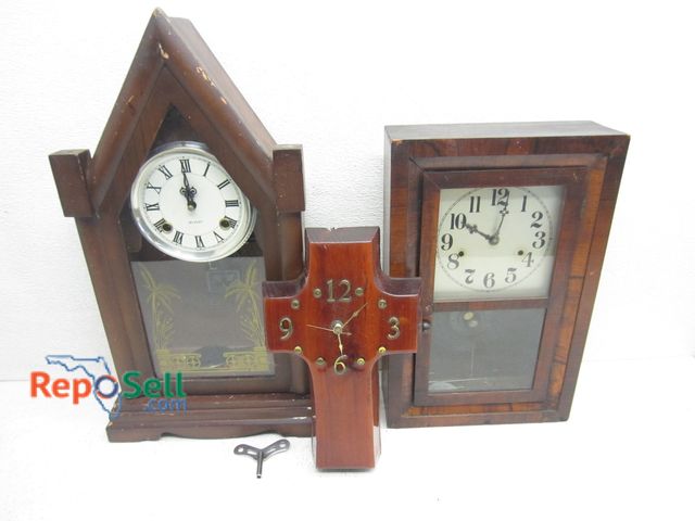 Lot 31-7188 - Wood Cross Wall Clock Running) And (2) Mantle Clocks (1 With key) For Parts/Repair