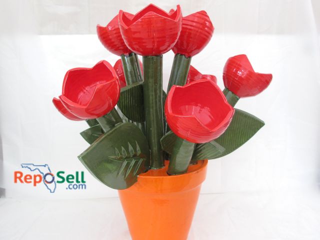 Lot 31-1097 - Robert Kvenild Art - Red Tulips in Orange Ceramic Pot, 26"H, 23"W (#9)